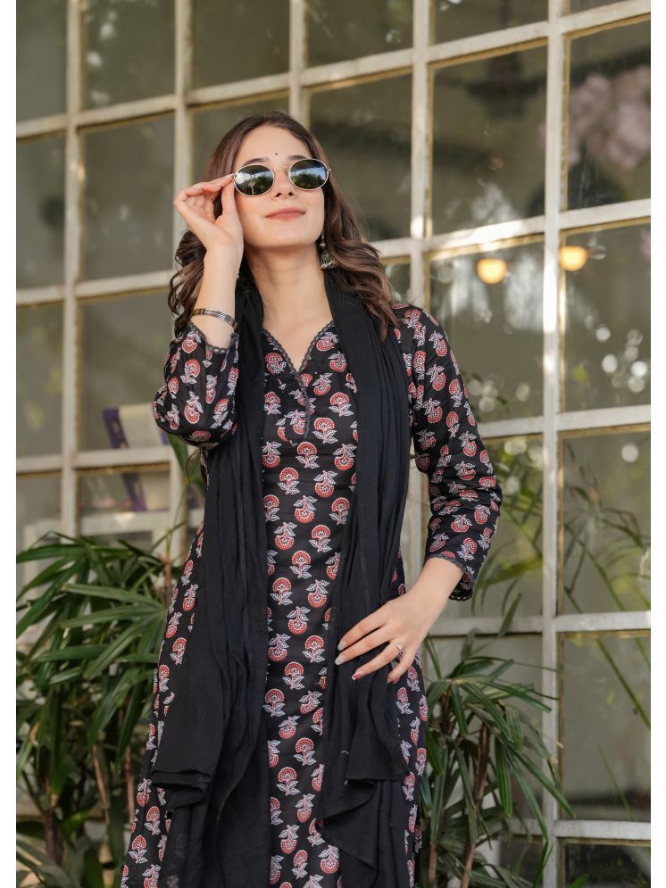     			Vividvibe Cotton Embroidered Kurti With Pants Women's Stitched Salwar Suit - Black ( Pack of 1 )