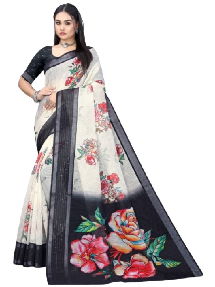     			mahalaxmi fab Pack of 1 Linen Printed Saree With Blouse Piece ( White )