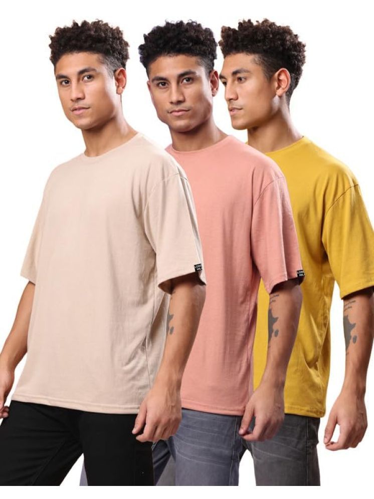     			LONDON HILLS Cotton Blend Oversized Fit Solid Half Sleeves Men's Round T-Shirt - Cream ( Pack of 3 )