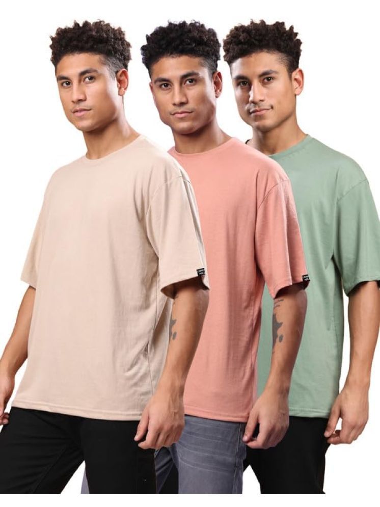     			LONDON HILLS Cotton Blend Oversized Fit Solid Half Sleeves Men's Round T-Shirt - Green ( Pack of 3 )