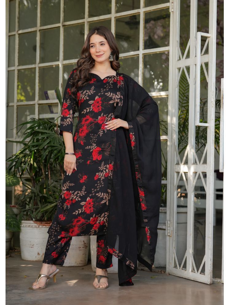     			SAREEKART FAB Silk Blend Printed Kurti With Pants Women's Stitched Salwar Suit - Black ( Pack of 1 )