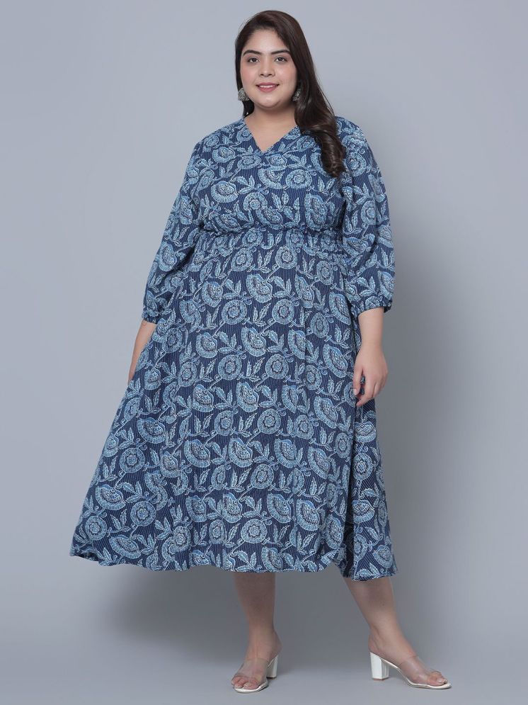     			Femvy Polyester Printed Ankle Length Women's Fit & Flare Dress - Blue ( Pack of 1 )