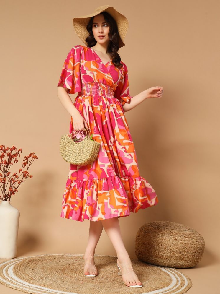     			Femvy Polyester Printed Knee Length Women's Fit & Flare Dress - Orange ( Pack of 1 )