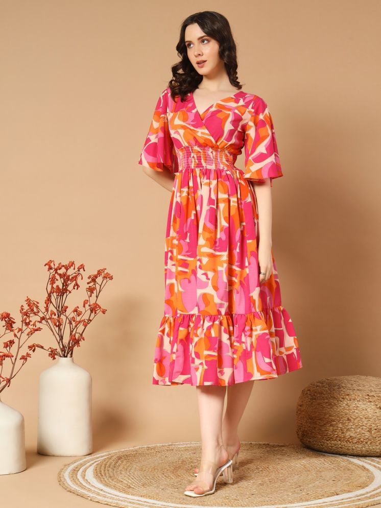     			Femvy Polyester Printed Knee Length Women's Fit & Flare Dress - Orange ( Pack of 1 )