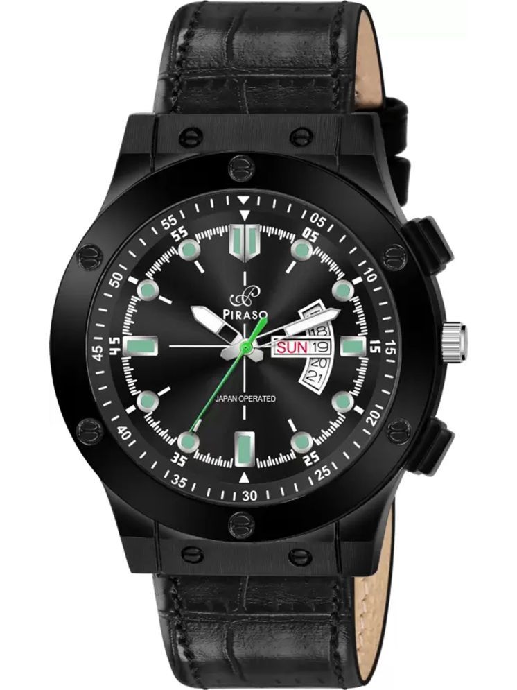     			PIRASO Black Leather Analog Men's Watch