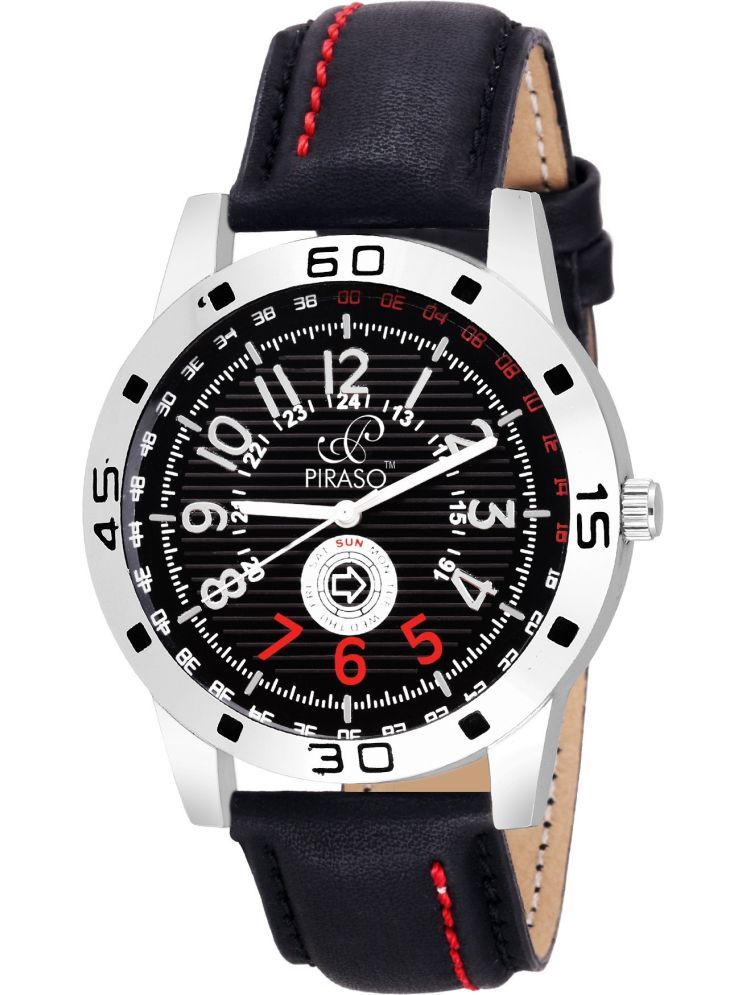     			PIRASO Black Leather Analog Men's Watch