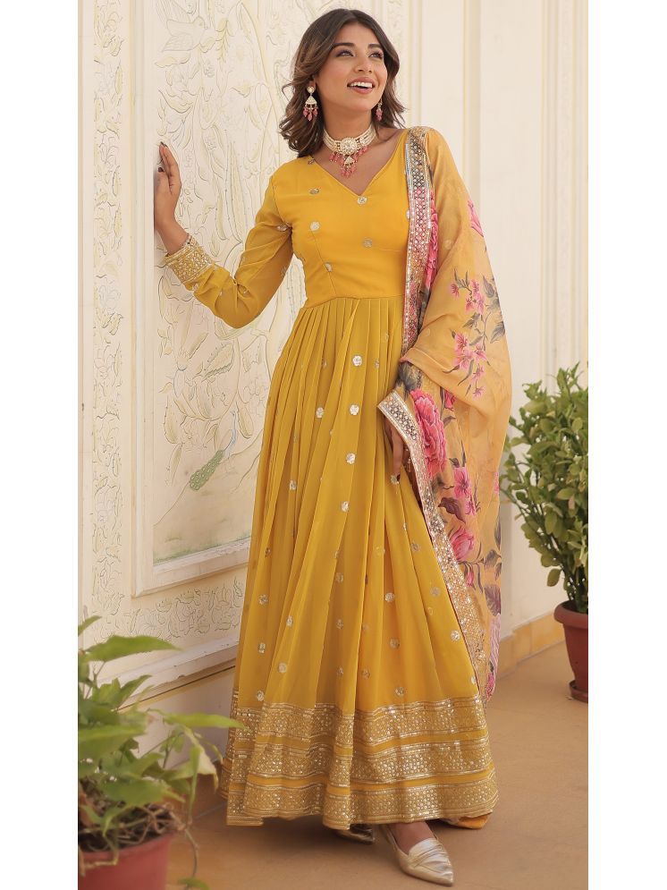     			Trijal Fab Yellow Anarkali Georgette Women's Stitched Ethnic Gown ( Pack of 1 )