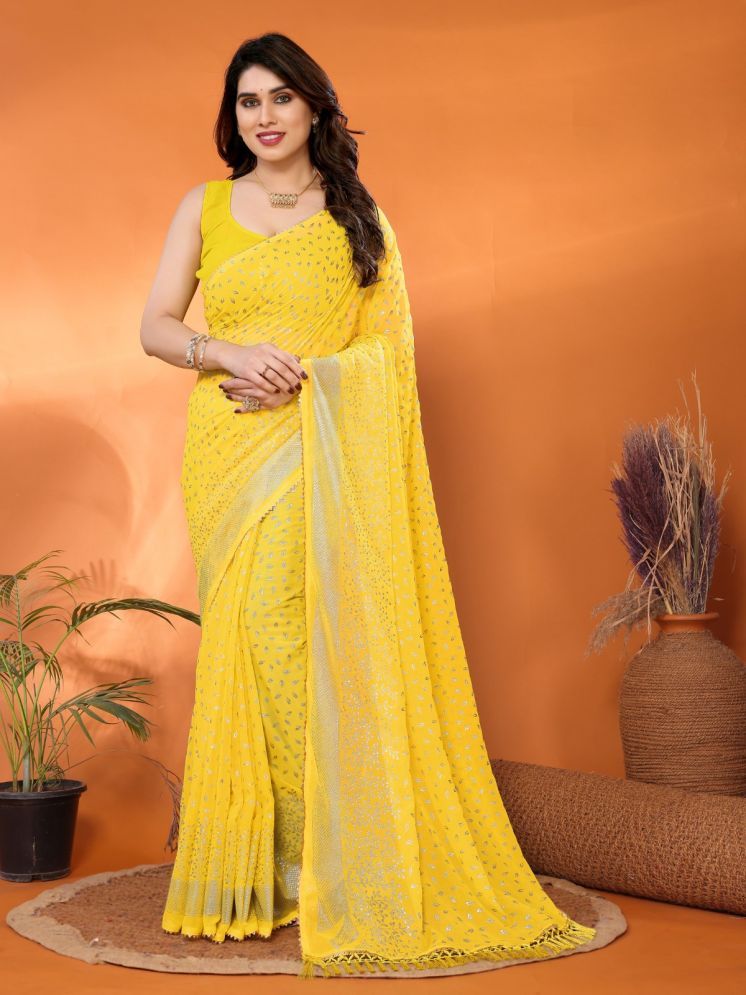     			DIKONA DESIGNER Pack of 1 Georgette Applique Saree With Blouse Piece ( Yellow )