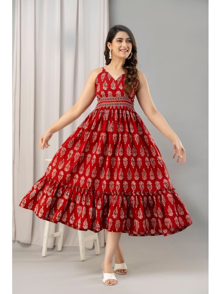     			Frionkandy Cotton Printed Full Length Women's Fit & Flare Dress - Red ( Pack of 1 )