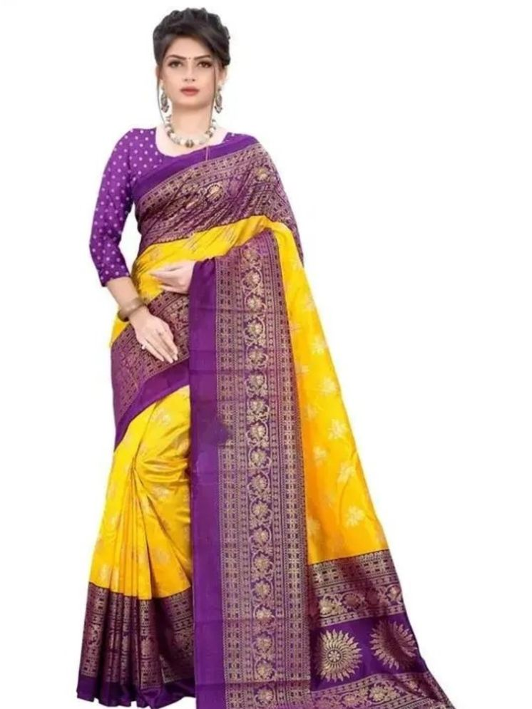     			Grubstaker Pack of 1 Mysore Silk Printed Saree With Blouse Piece ( Yellow,Purple )