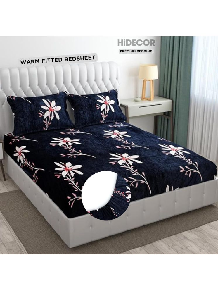     			HIDECOR Woollen Floral Printed Fitted Fitted bedsheet with 2 Pillow Covers ( King Size ) - Dark Blue