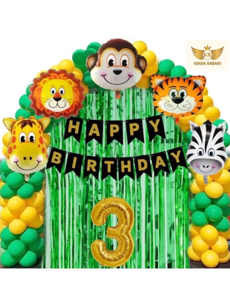     			KR 3RD HAPPY BIRTHDAY PARTY DECORATION WITH HAPPY BIRTHDAY BLACK GOLD BANNER (13), 15 GREEN 15 GOLD BALLOON, 5 ANIMAL FACE BALLOON, 2 GREEN CURTAIN, 1 ARCH, 3 NO. GOLD FOIL BALLOON