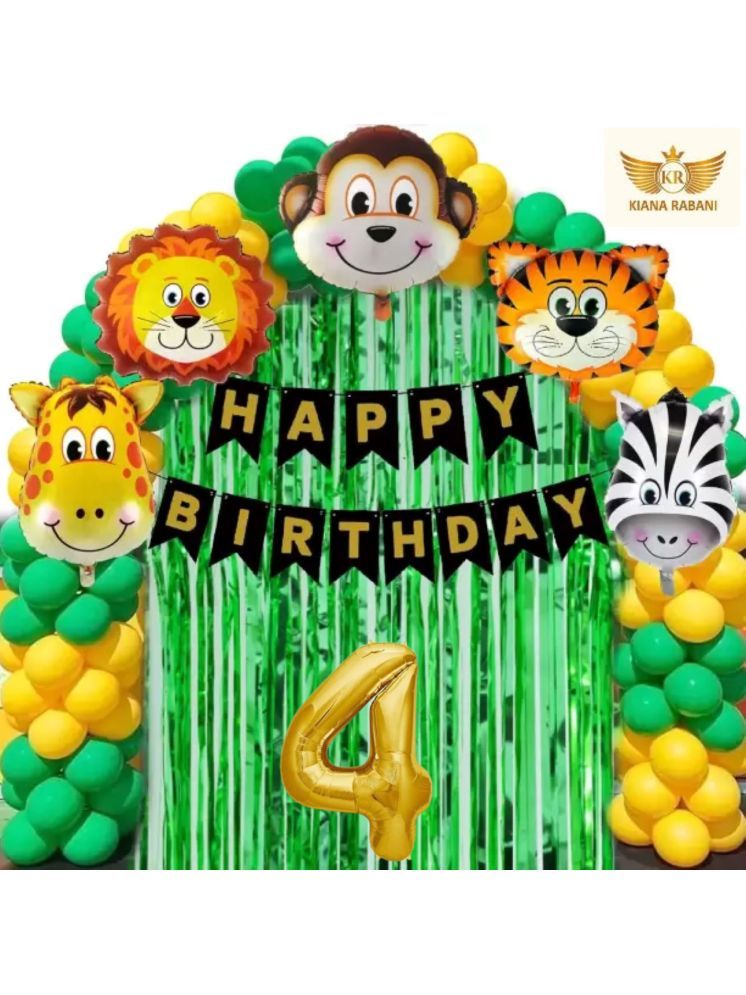     			KR 4TH HAPPY BIRTHDAY PARTY DECORATION WITH HAPPY BIRTHDAY BLACK GOLD BANNER (13), 15 GREEN 15 GOLD BALLOON, 5 ANIMAL FACE BALLOON, 2 GREEN CURTAIN, 1 ARCH, 4 NO. GOLD FOIL BALLOON