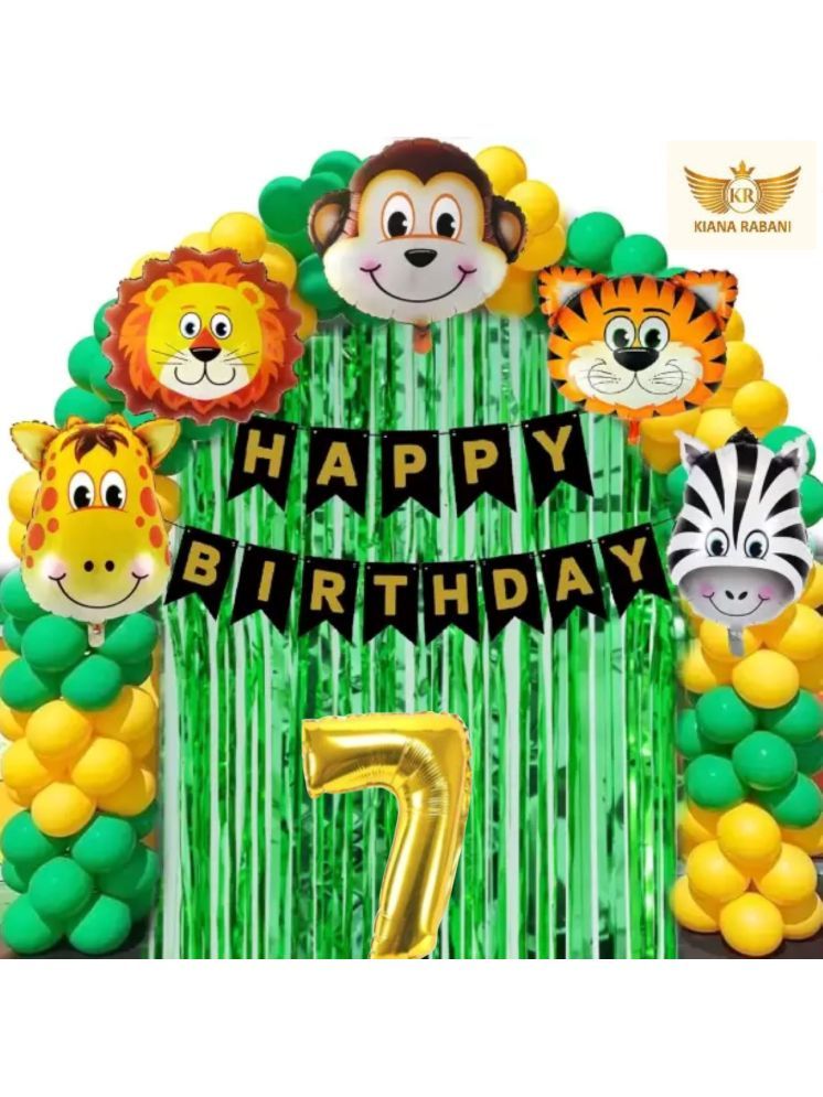     			KR 7TH HAPPY BIRTHDAY PARTY DECORATION WITH HAPPY BIRTHDAY BLACK GOLD BANNER (13), 15 GREEN 15 GOLD BALLOON, 5 ANIMAL FACE BALLOON, 2 GREEN CURTAIN, 1 ARCH, 7 NO. GOLD FOIL BALLOON