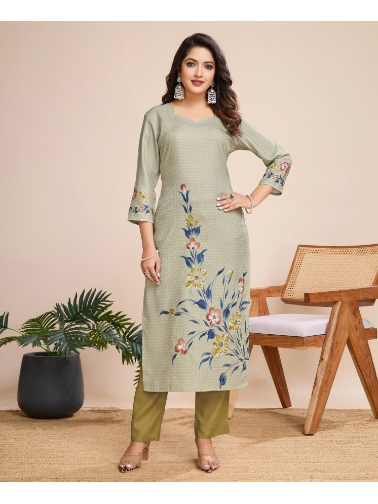     			MOJILAA Linen Printed Kurti With Pants Women's Stitched Salwar Suit - Khaki ( Pack of 1 )