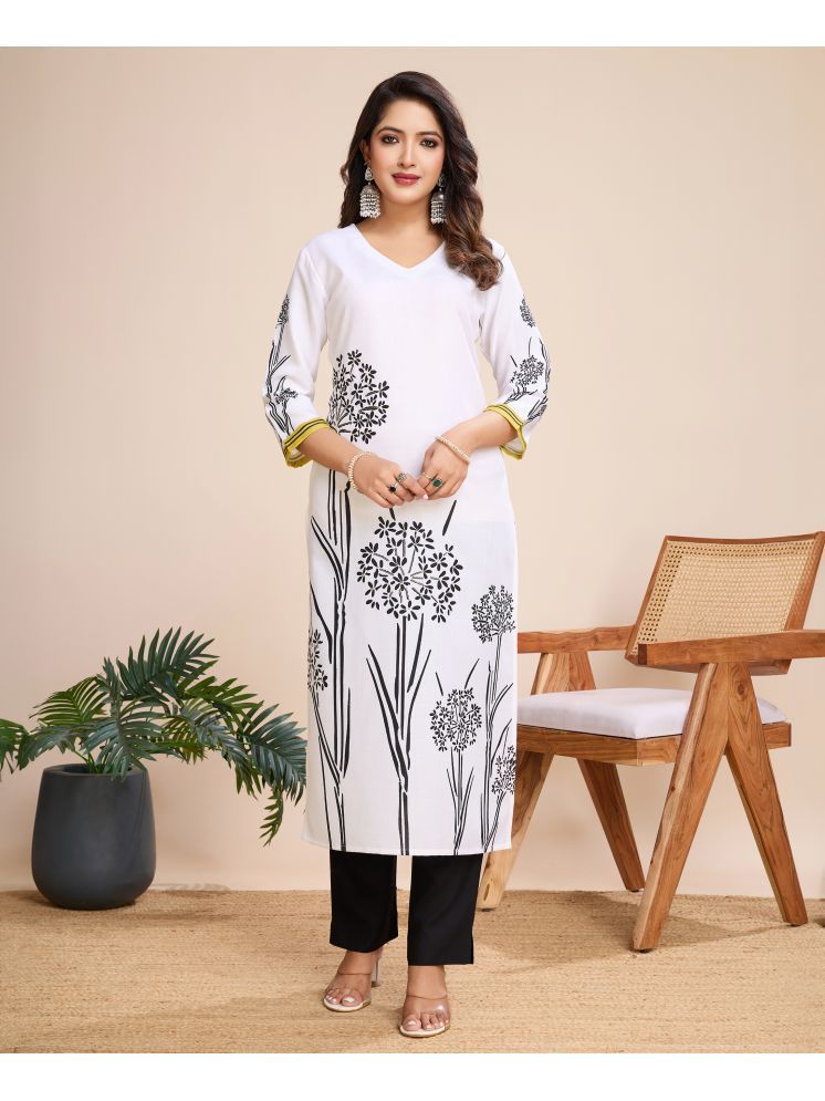     			MOJILAA Linen Printed Kurti With Pants Women's Stitched Salwar Suit - White ( Pack of 1 )