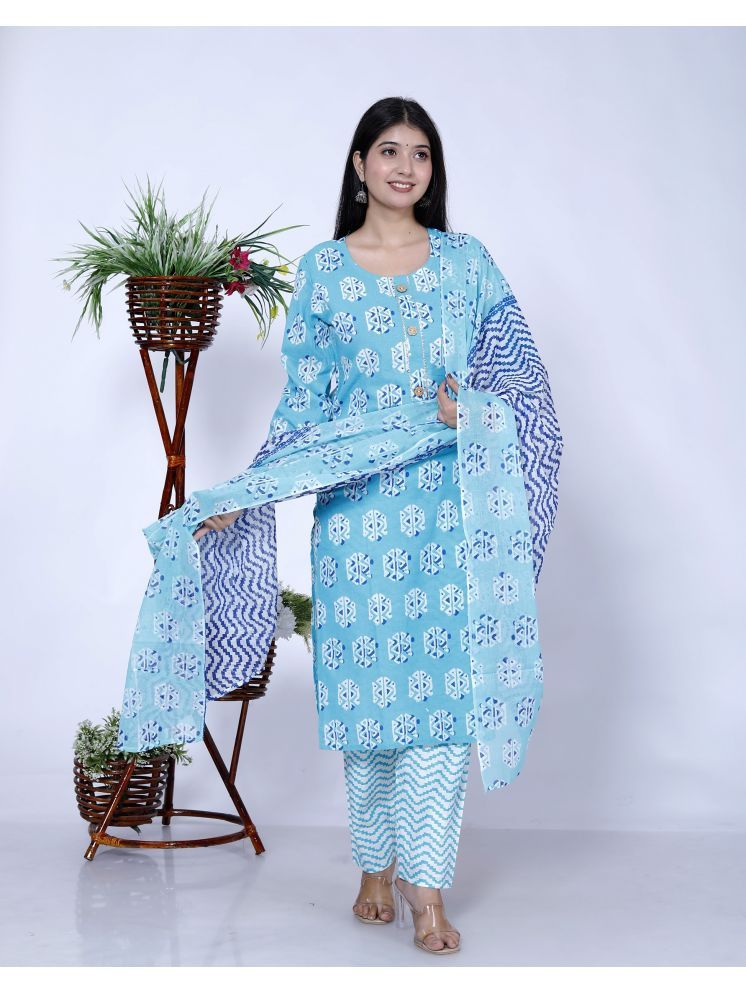     			The Kurti Point Cotton Printed Kurti With Pants Women's Stitched Salwar Suit - Turquoise ( Pack of 1 )