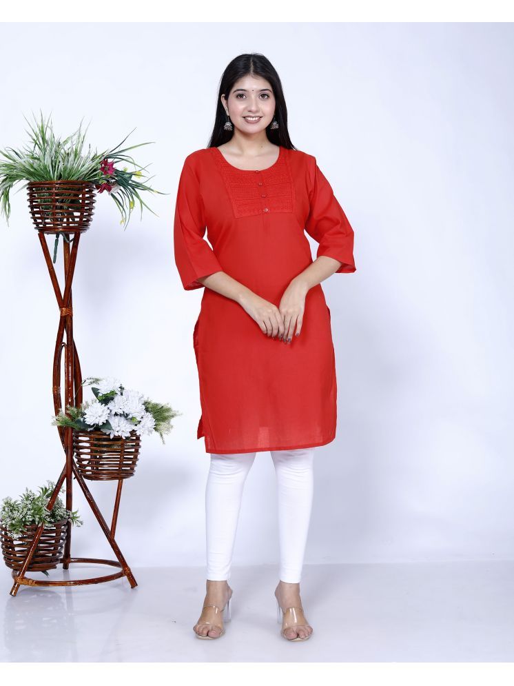     			The Kurti Point Pack of 1 Cotton Embroidered Straight Women's Kurti - ( Red )