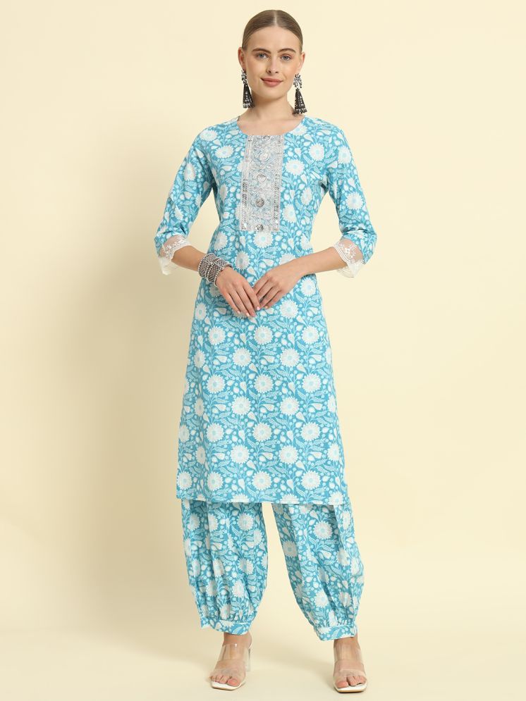     			Kbz Cotton Printed Kurti With Salwar Women's Stitched Salwar Suit - Turquoise ( Pack of 1 )