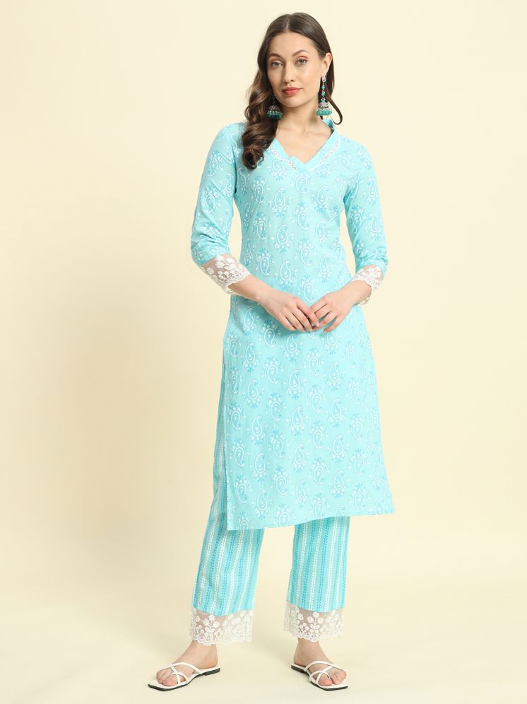     			Kbz Cotton Printed Kurti With Pants Women's Stitched Salwar Suit - Turquoise ( Pack of 1 )