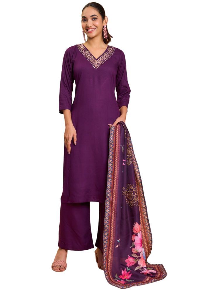     			Lady Shopi Rayon Embroidered Kurti With Pants Women's Stitched Salwar Suit - Wine ( Pack of 1 )