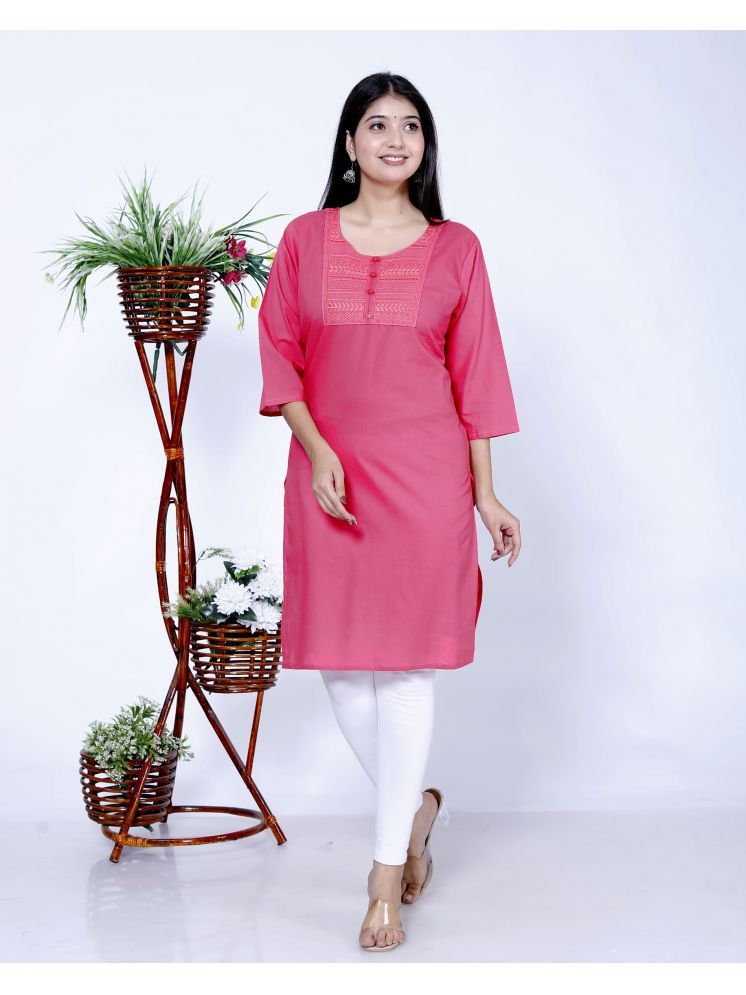     			The Kurti Point Pack of 1 Cotton Embroidered Straight Women's Kurti - ( Fluorescent Pink )