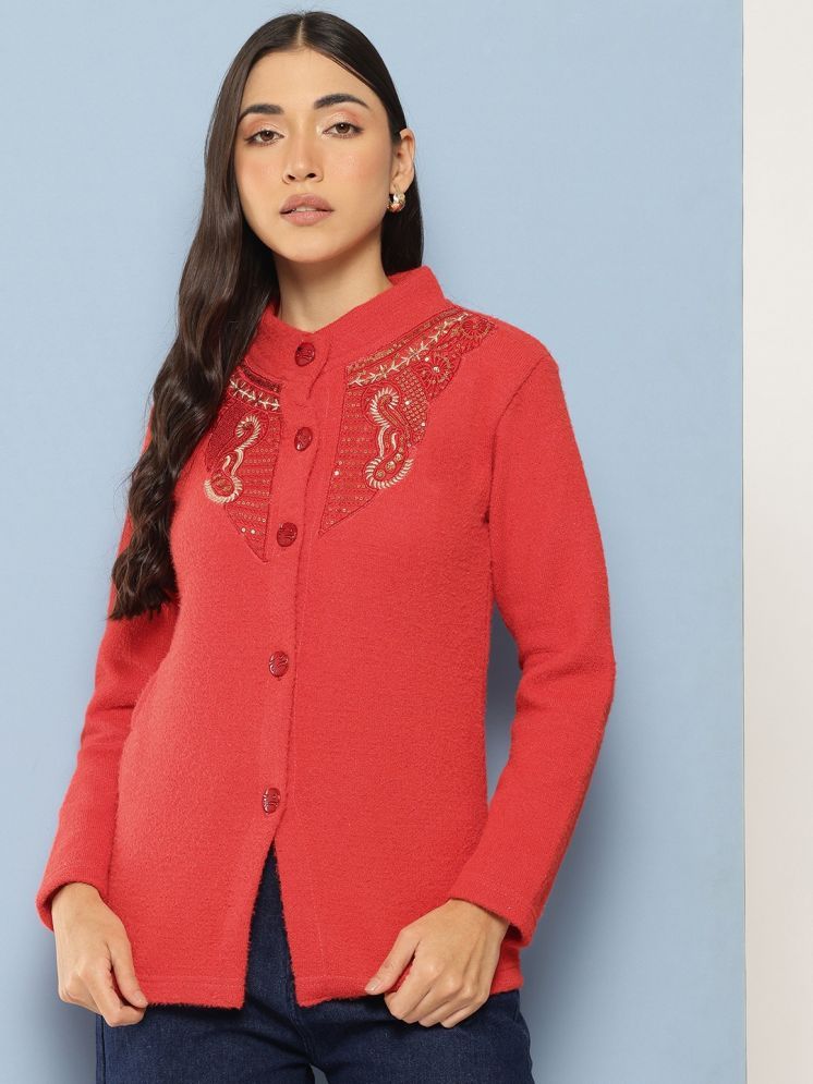     			Aarika Woollen Chinese/Mandarin Collar Women's Buttoned Cardigans - Red ( Single )