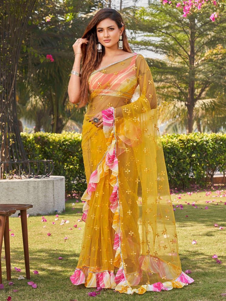     			DIKONA DESIGNER Pack of 1 Net Printed Saree With Blouse Piece ( Yellow )