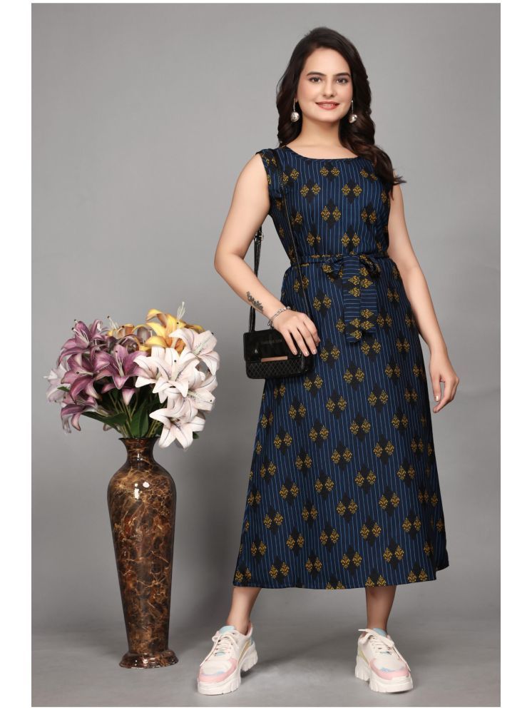     			Devakii Crepe Printed Midi Women's Fit & Flare Dress - Navy Blue ( Pack of 1 )