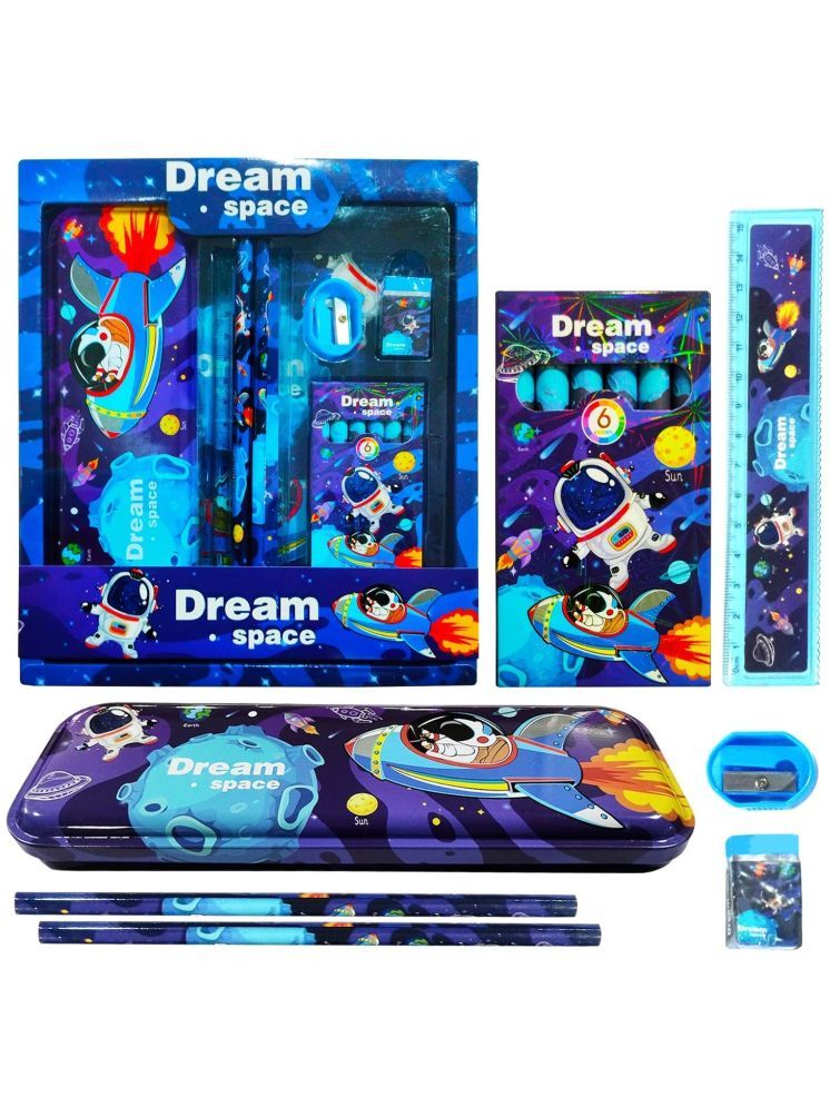     			Seema Kitchenware Dream Space Stationery Kit with Pencil Box,Eraser,Scale,Sharpener and Crayon Stationary Set for Boys Kids Art Plastic Pencil Box (Set of 6, Multicolor)