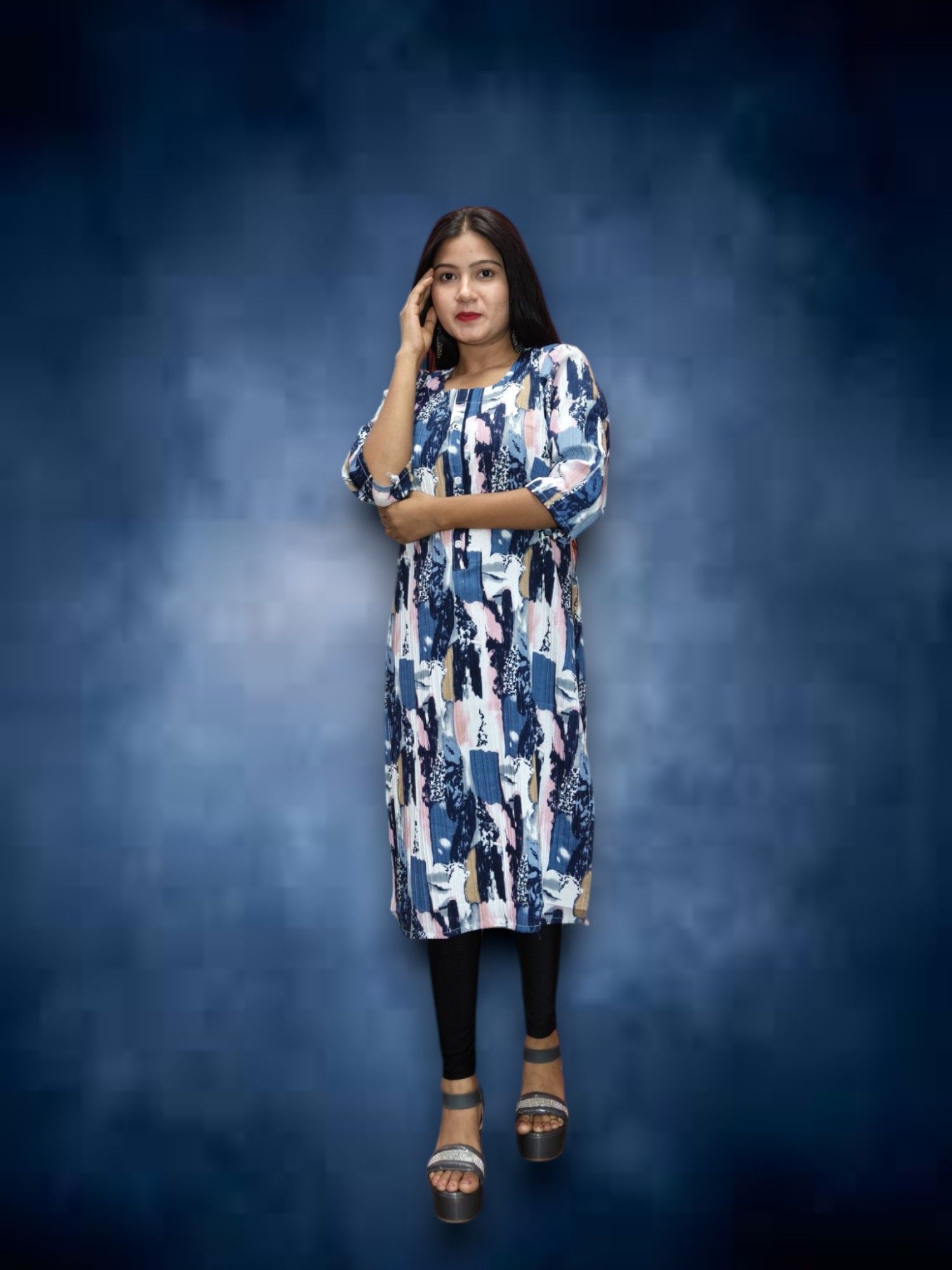     			AYUKTI FASHION PRIVATE LIMITED Pack of 1 Cotton Blend Printed Straight Women's Kurti - ( Blue,Multicolor )