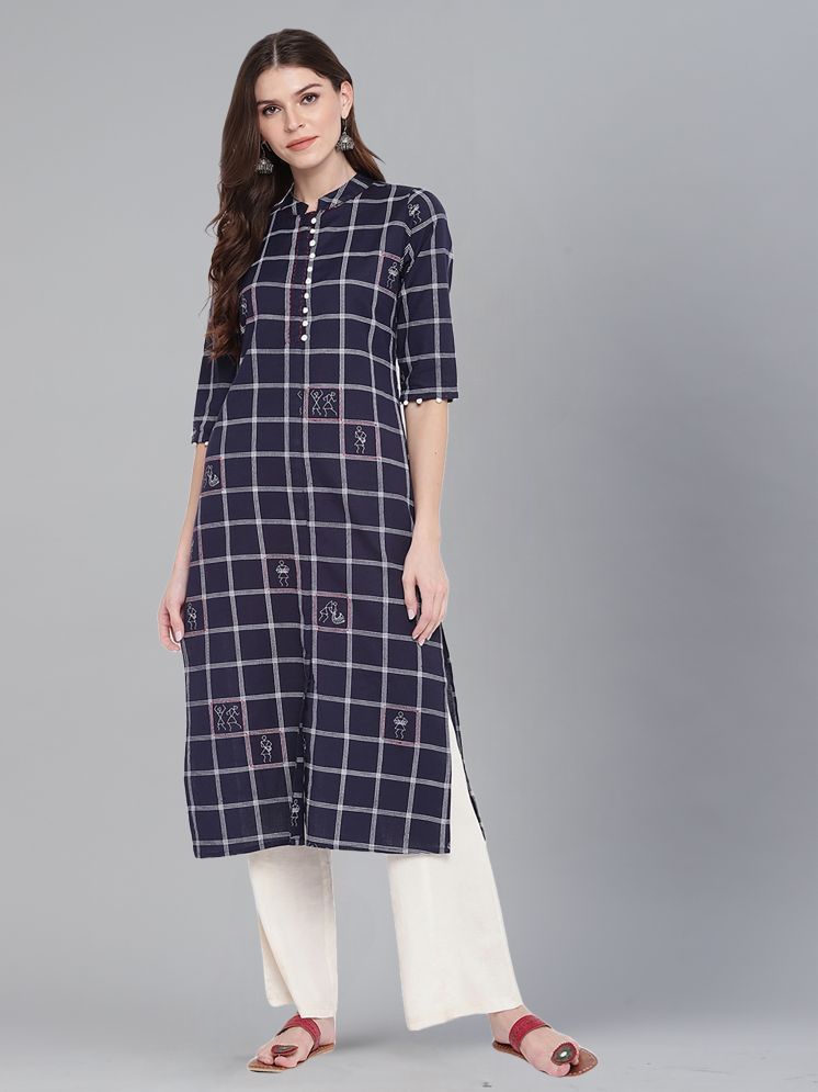     			Gulmehak Pack of 1 Cotton Printed Straight Women's Kurti - ( Navy Blue )