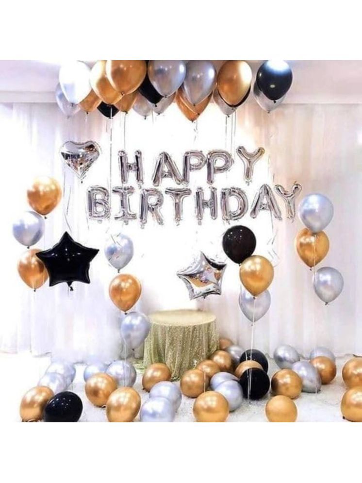     			PartyBooms Happy Birthday Silver Foil Decoration, 1 Silver Star Foil, 1 Black Star Foil, 1 Silver Heart 15 Gold, 15 Silver, 15 Black Metalic Balloon Pack of 49