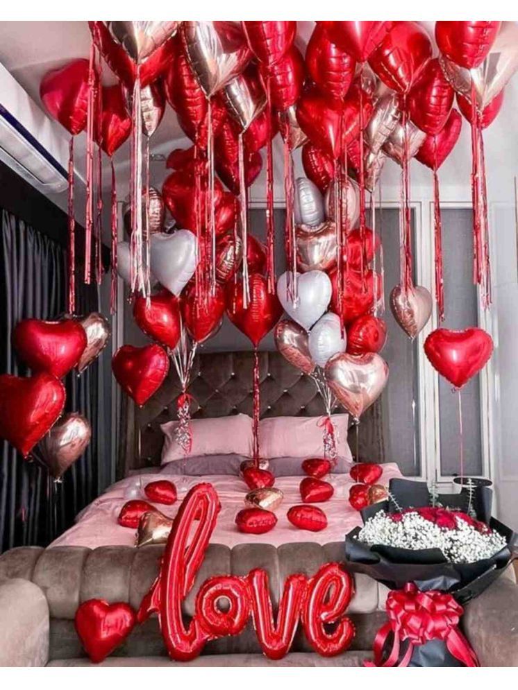     			PartyBooms Love Red Foil Decoration, 30 Red Heart Foil, 20 Rosegold Heart 5 Silver Heart Foil Balloon Pack of 56