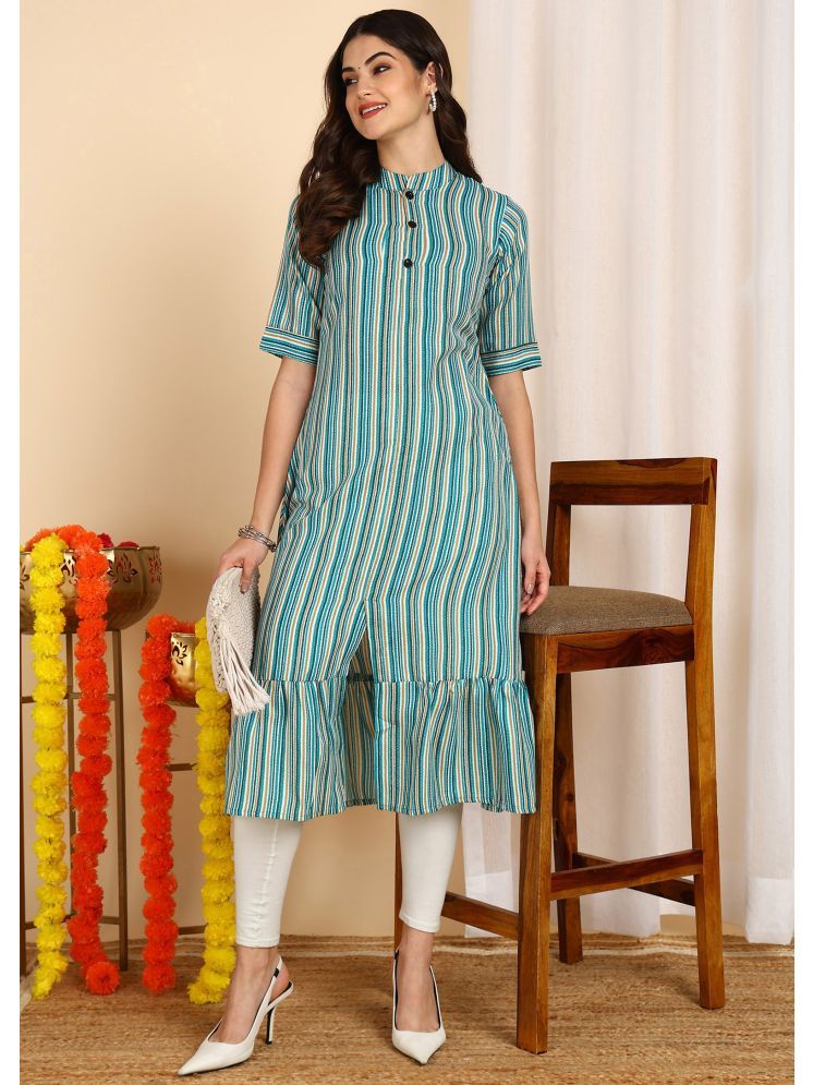     			DSK STUDIO Pack of 1 Cotton Blend Striped Front Slit Women's Kurti - ( Turquoise )