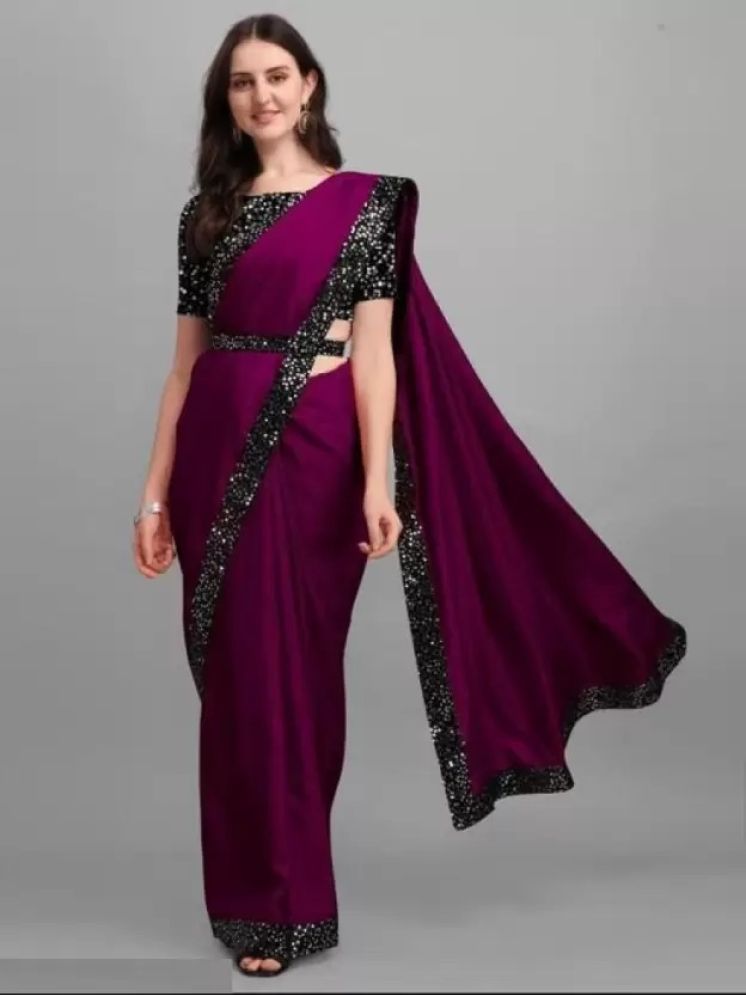     			Vkaran Pack of 1 Lycra Embellished Saree With Blouse Piece ( Wine )