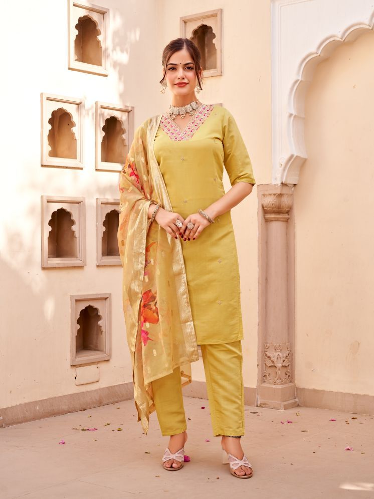     			Vividvibe Chanderi Embroidered Kurti With Pants Women's Stitched Salwar Suit - Yellow ( Pack of 1 )