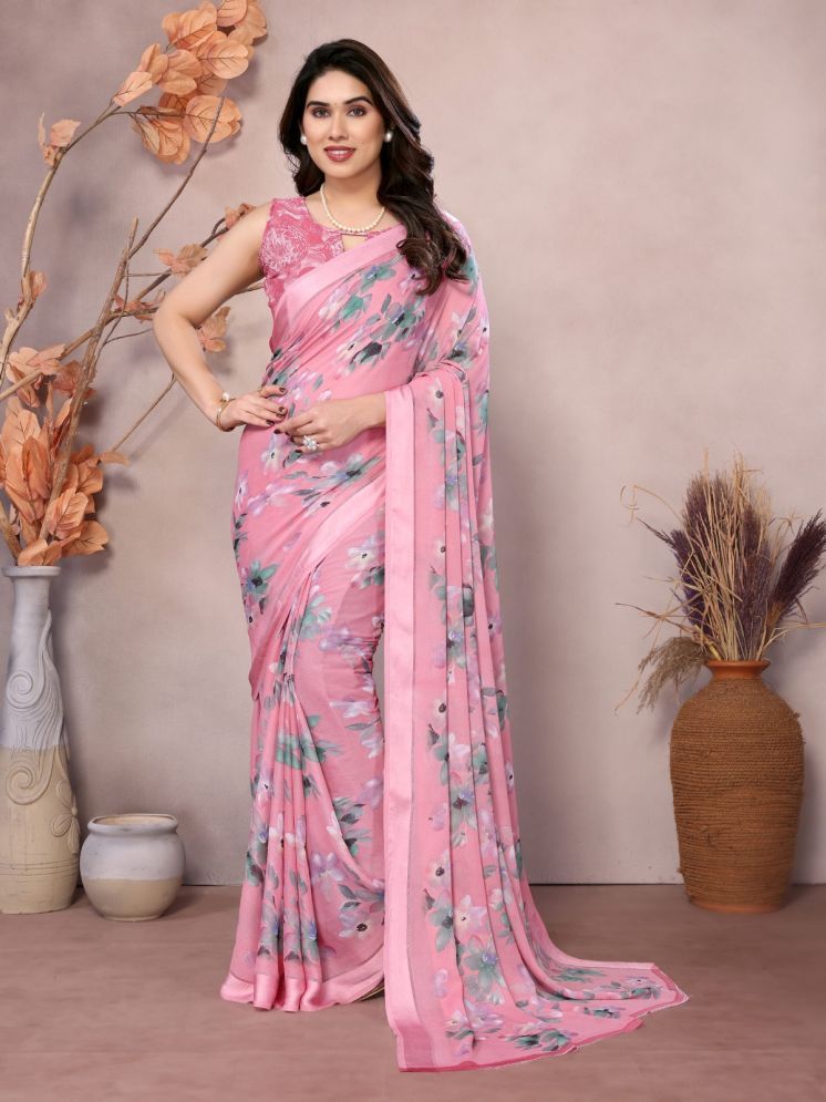     			BLEESBURY Pack of 1 Chiffon Printed Saree With Blouse Piece ( Pink )