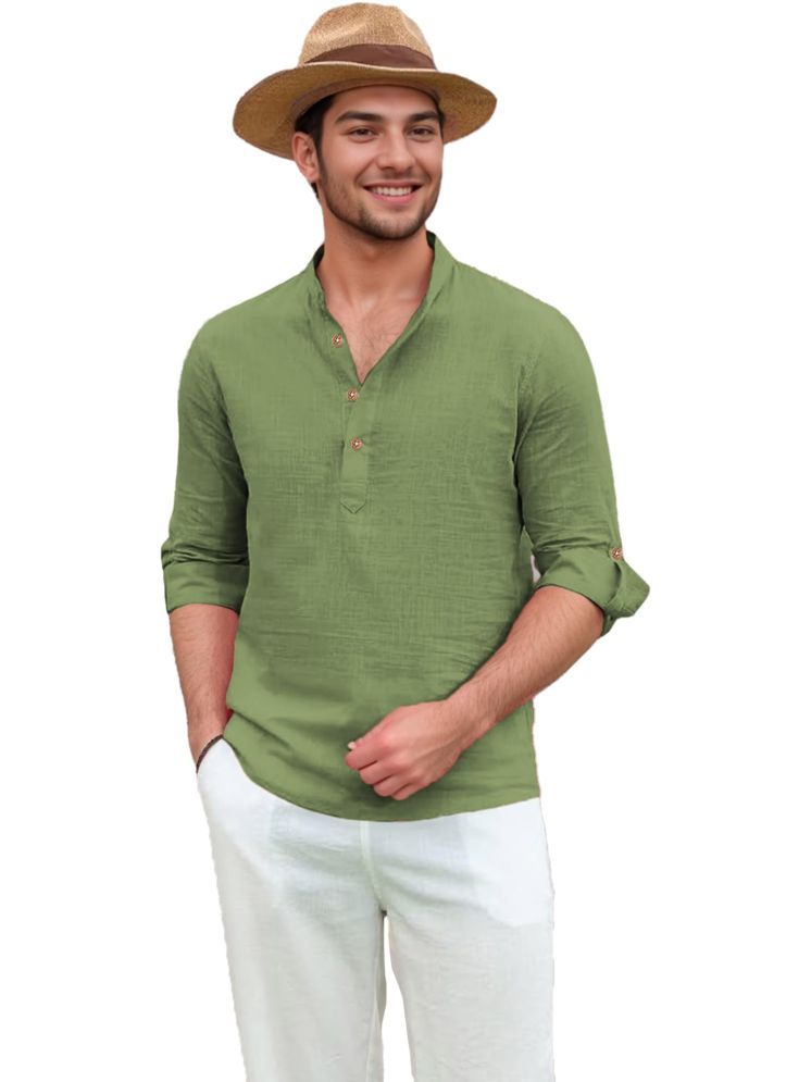     			TrendiVastra Light Green Cotton Blend Men's Shirt Style Kurta ( Pack of 1 )