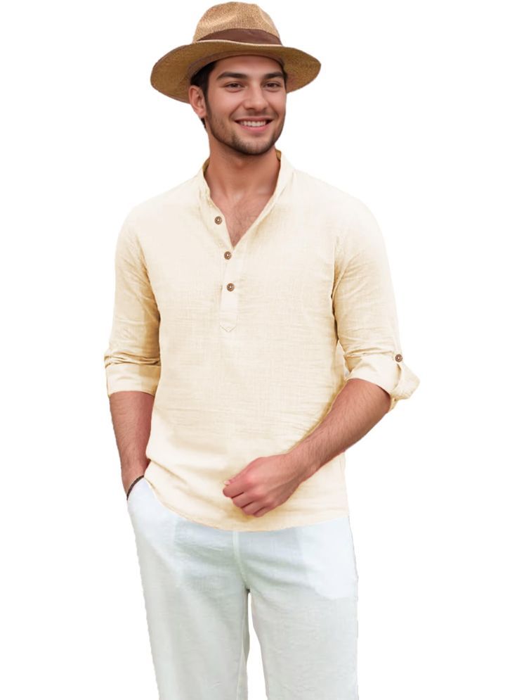     			UNI VIBE Beige Cotton Blend Men's Shirt Style Kurta ( Pack of 1 )