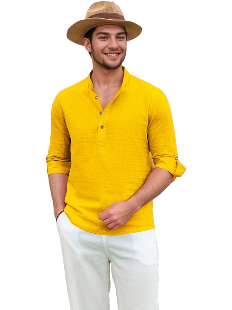     			UNI VIBE Yellow Cotton Blend Men's Shirt Style Kurta ( Pack of 1 )