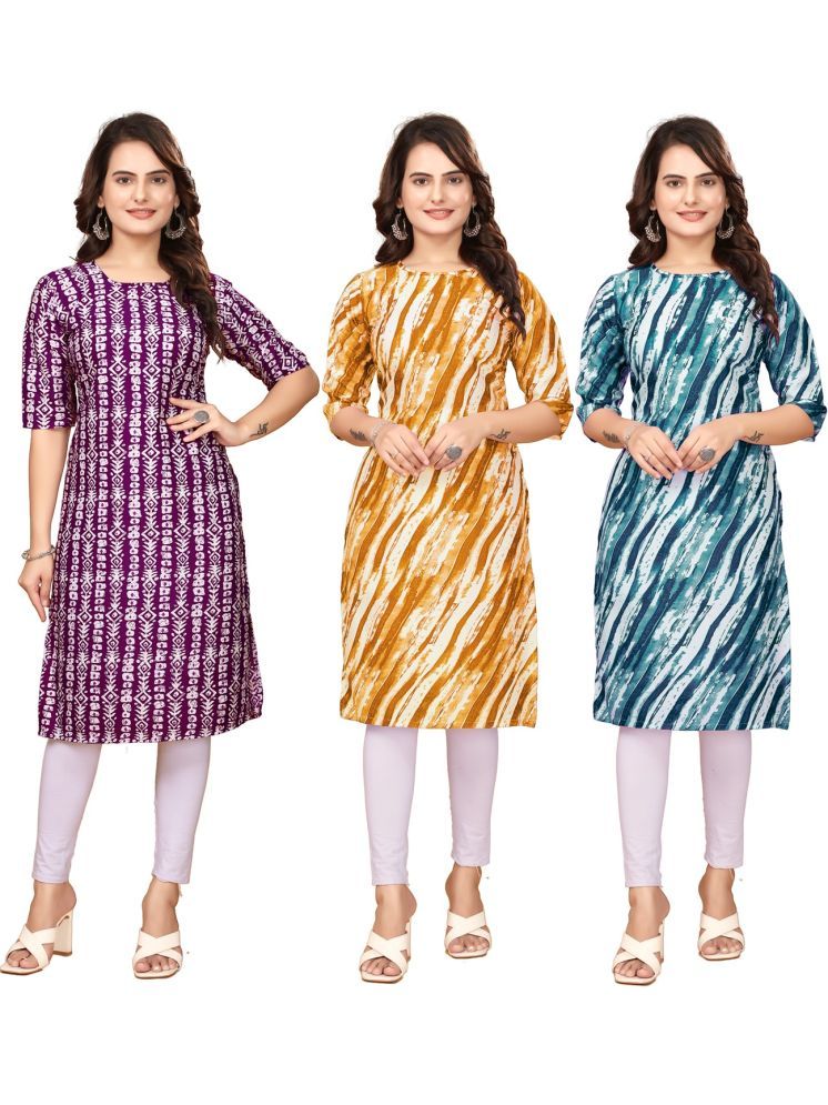     			VACHHARAJ GROUP Pack of 3 Crepe Printed Straight Women's Kurti - ( Maroon,Yellow,Navy Blue )