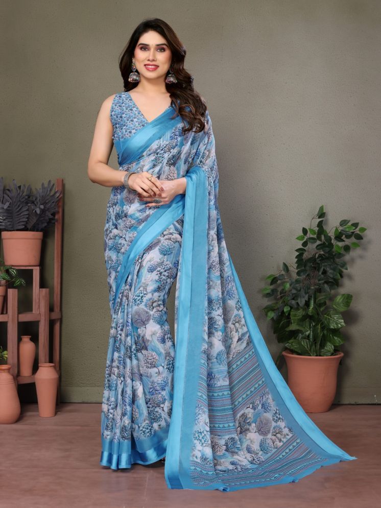     			BLEESBURY Pack of 1 Chiffon Printed Saree With Blouse Piece ( Blue )