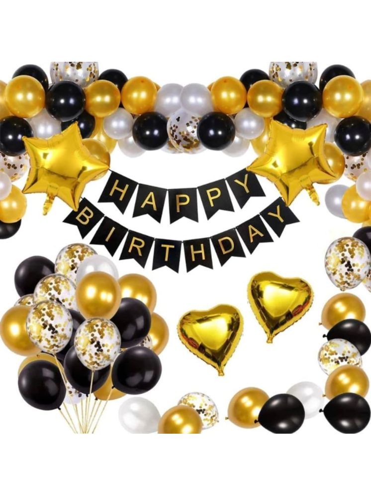     			PartyBooms Happy Birthday Black Banner, 2 Gold Heart Foil Balloon, 2 Gold Stars, 10 Confetti Balloons Balloon 15 White, 15 Black, 15 Gold Balloons, (Pack Of 60)