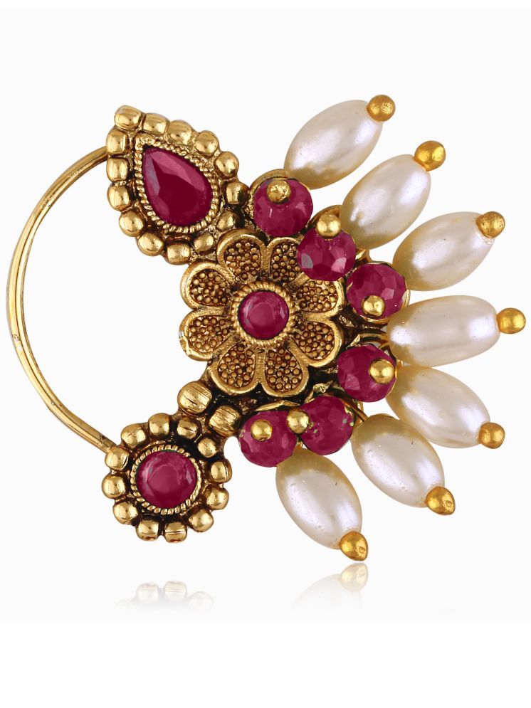     			Vighnaharta Gold Plated Red Stone Pearls (Moti )Maharashtrian Cultural Nath Nathiya./ Nose Pin for women[VFJ1296NTH-PRESS-RED]