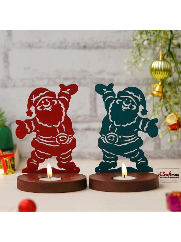     			eCraftIndia Red & Green 2 Pieces Christmas Santa Claus Wooden Tea Light Candle Holders