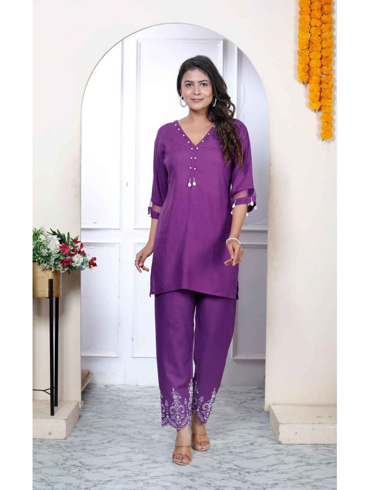     			Doriyaan Rayon Embellished Kurti With Pants Women's Stitched Salwar Suit - Purple ( Pack of 1 )