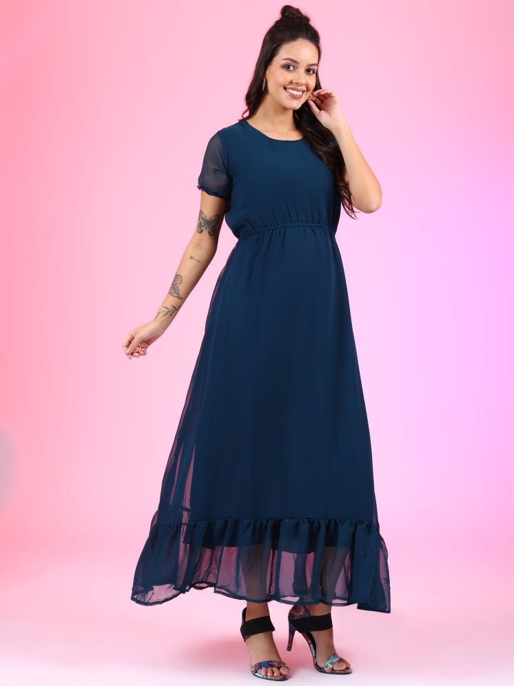     			Femvy Georgette Solid Full Length Women's Fit & Flare Dress - Blue ( Pack of 1 )