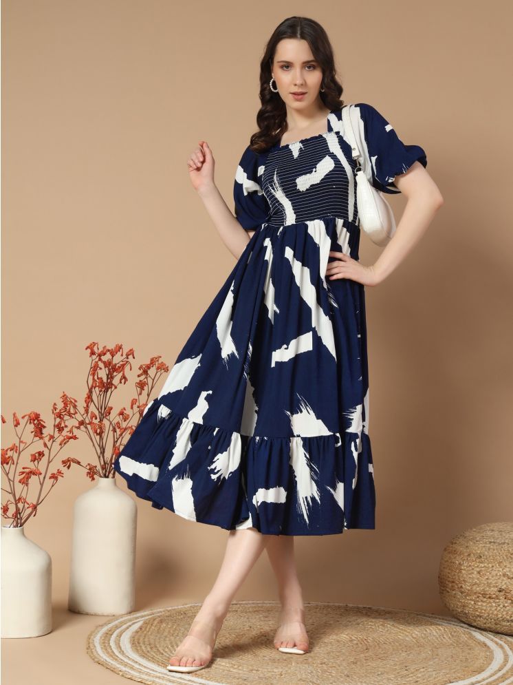     			Femvy Polyester Printed Midi Women's Fit & Flare Dress - Navy ( Pack of 1 )