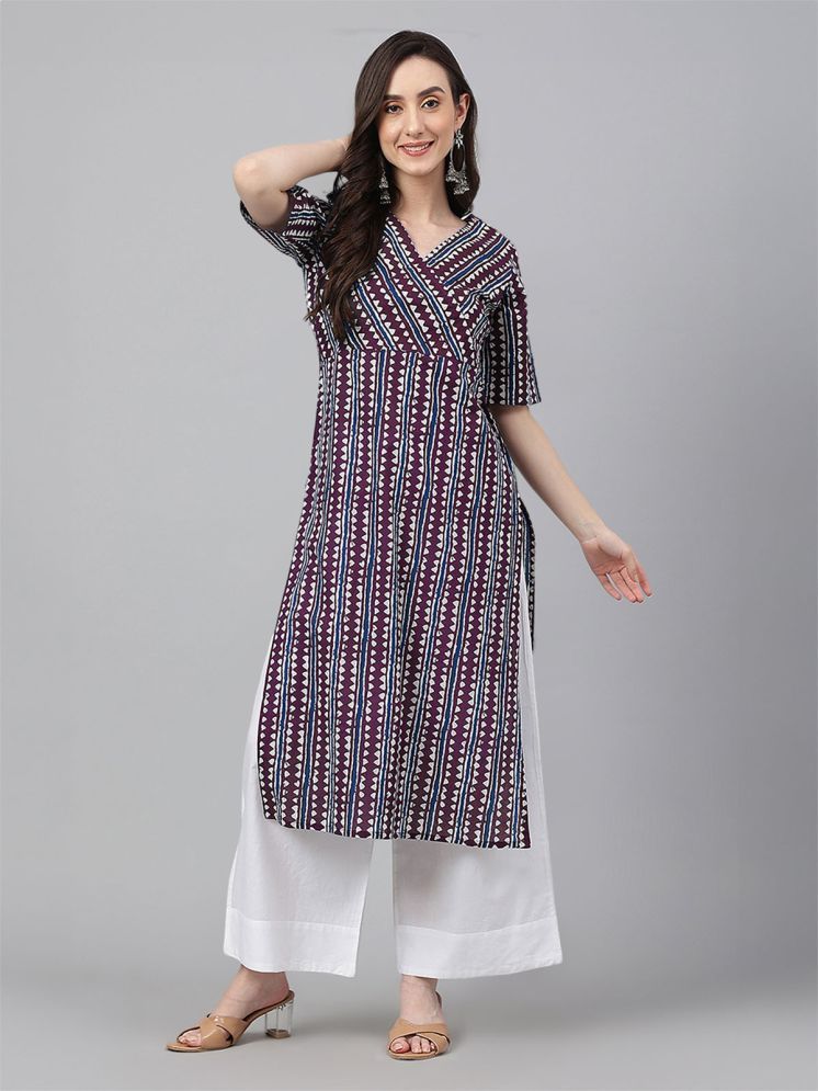     			Janasya Pack of 1 Cotton Printed Straight Women's Kurti - ( Wine )